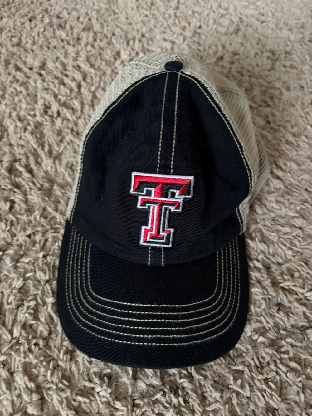 Men's Black and Tan Trucker Cap with Red Double-T Accent